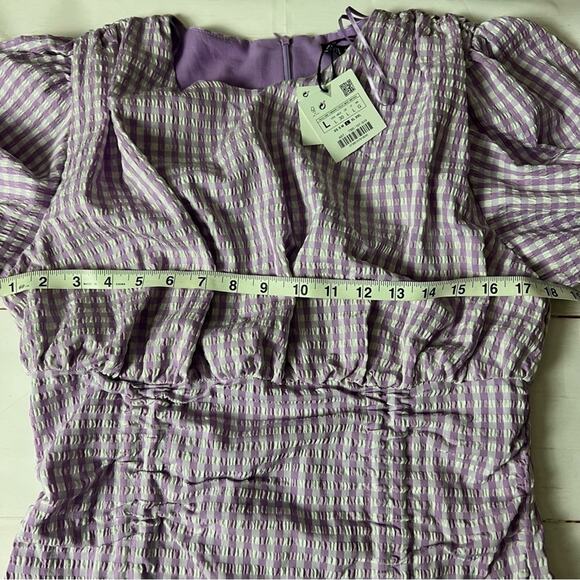 Zara Women's Blogger Style Lilac Gingham Pattern Rushed Side  Mini Dress Sz L - Picture 6 of 16